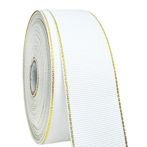 Ruộng băng E-Magic bán buôn, rộng 1 inch, viền vàng kim loại, 100% polyester, in logo tùy chỉnh, băng grosgrain trắng viền vàng - Product Image 1