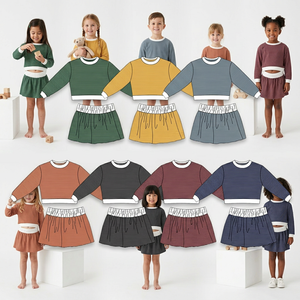 Vêtements assortis pour enfants en gros, ensemble de jupes-culottes pour filles, couleur unie, à carreaux - Product Image 3