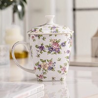 Set Peralatan Makan Bone China, Mug Berpenutup Motif Bunga Putih, Ramah Lingkungan, Kapasitas Besar, Aman untuk Microwave, Cangkir Kopi/Teh Keramik dengan Tutup dan Alas