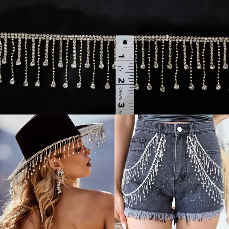 Mode longue gland pendentif cristal garniture argent strass frange garniture chaîne gland pour robes en jean