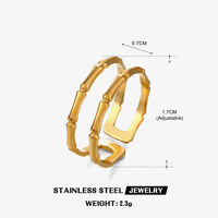 Cincin Bambu Lapis Ganda Stainless Steel Trendi untuk Wanita, Berlapis Emas Gaya Etnik Hip Hop yang Dipersonalisasi