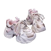 Baskets roses et blanches pour filles, en cuir et métallique, à lacets, semelle ondulée antidérapante, chaussures décontractées tendance, vente en gros OEM ODM