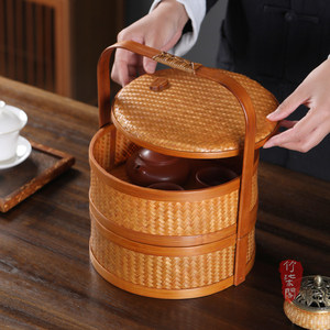 <b>Bamboo</b> Woven Basket Double Layer Lidded Round Food Storage <b>Container</b> For Kitchen Use - Product Image 1