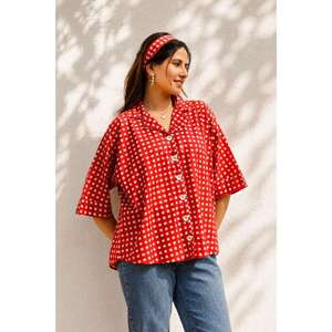 Camiseta de Picnic en Positano para Mujer |   Tela Popelina de Algodón con Patrón Geométrico Informal |   Ropa Casual con Botones al Frente - Product Image 1