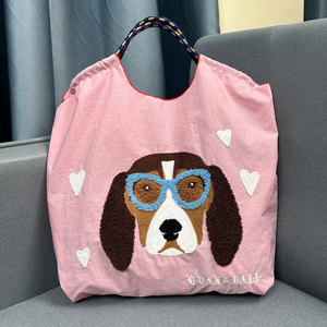 Bolso de compras de poliéster portátil informal para mujer <span class=keywords><strong>con</strong></span> lindo juguete para perros, bolso de toalla de hombro bordado <span class=keywords><strong>con</strong></span> animales a la moda, diseño Simple - Product Image 1
