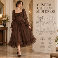 Robe Midi Femme ODM en Mousseline de Soie avec Volants, Corsage Lacé, Manches Longues Bouffantes et Jupe Froncée – Idéale pour les Occasions Spéciales