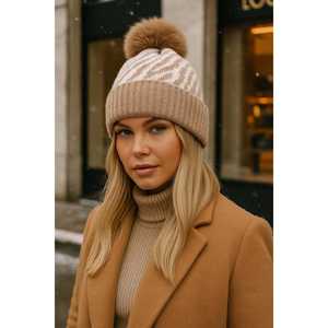 Bonnet doublé de laine à motif zèbre camel, bonnet importé BERE1138 - Product Image 2