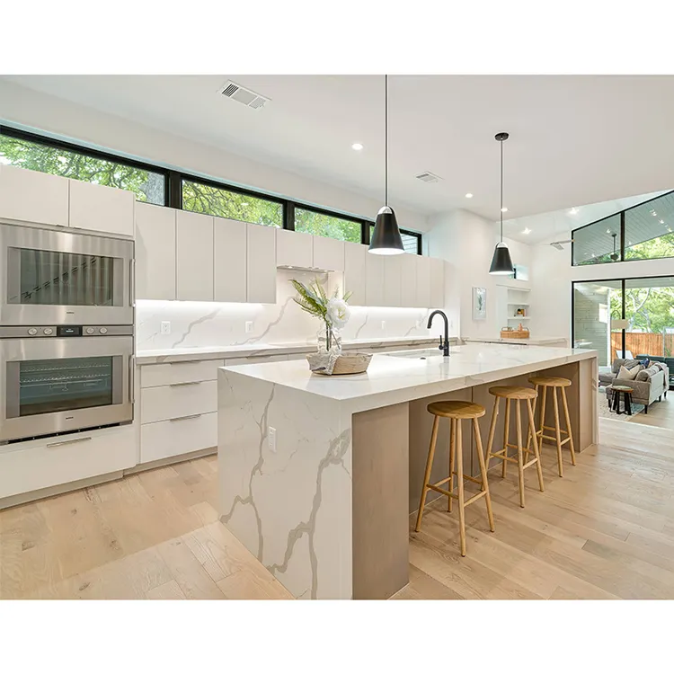 Armoire de cuisine moderne avec dessus en marbre laqué blanc, conception prête à assembler, ensemble complet de meubles de cuisine suspendus au mur