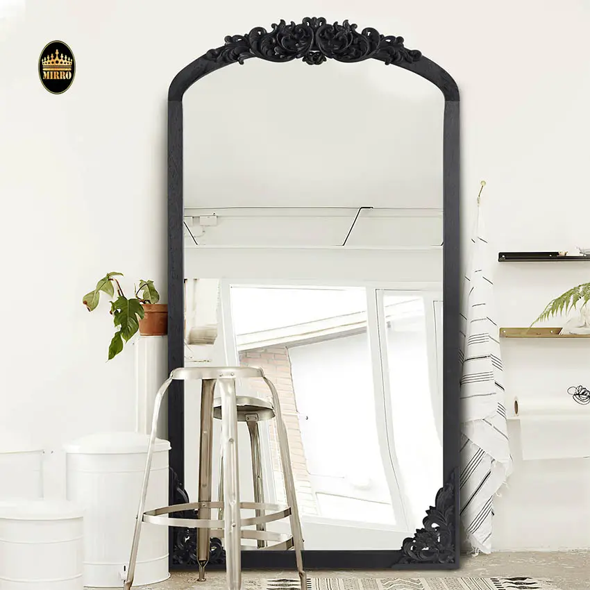 Decoración de pared de lujo madera grande nodic vintage arqueado negro espejo de pared de cuerpo entero decoración del hogar Decoración gótica irrompible