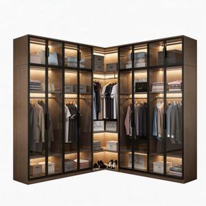 Armoire moderne avec portes en verre et éclairage LED, placard d'angle pour chambre à coucher, projet personnalisé - Product Image 2