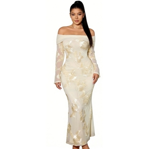 Robe longue maxi pour femme grande taille à épaules dénudées avec broderie florale et manches transparentes – Robes de soirée élégantes - Product Image 3