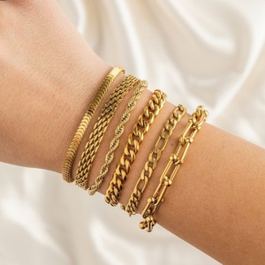 Wholesale Non Tarnish Fashion Personalized Stainless Steel Waterproof Jewelry 18K Gold Plated <b>Stacked</b> Chain <b>Bracelets</b> for Women - Product Image 2
