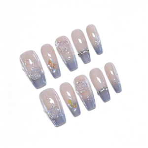 <span class=keywords><strong>Uñas</strong></span> postizas artesanales de ataúd medio, <span class=keywords><strong>azul</strong></span> hielo ombré, arte 3D translúcido de rosa y brillo aurora, <span class=keywords><strong>uñas</strong></span> elegantes para novias al por mayor - Product Image 1