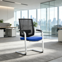 Chaise de bureau ergonomique en maille avec base cantilever et coussin bleu pour réunions, réceptions et sièges visiteurs