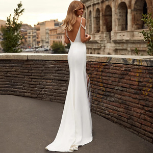 White V-neck Backless Satin Sheath Wedding Dress With High Slit Natural Waistline - Product Image 2