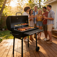 Grand barbecue au charbon de bois avec roues et table latérale, barbecue d'extérieur avec grille de maintien au chaud et étagère de rangement pour la cuisine en plein air