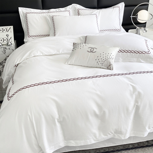 Juego <span class=keywords><strong>de</strong></span> ropa <span class=keywords><strong>de</strong></span> <span class=keywords><strong>cama</strong></span> <span class=keywords><strong>de</strong></span> Hotel <span class=keywords><strong>de</strong></span> lujo <span class=keywords><strong>de</strong></span> 4 piezas 300TC tamaño Queen sábana <span class=keywords><strong>de</strong></span> algodón bordada funda <span class=keywords><strong>de</strong></span> almohada funda nórdica técnica tejida para Hotel - Product Image 5