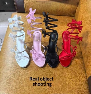 2025 New European American Style Women's Satin Sandals Bowknot One Strap Rhinestones Open <b>Toe</b> High <b>Heels</b> Thin <b>Heels</b> Large Size - Product Image 1