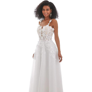 White A-Line Chiffon Wedding Dress V-Neck Floral Print Straps Natural Waistline - Product Image 1