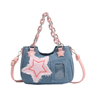 Bolso de cuero para mujer, tipo bandolera, de denim japonés, con ventana para muñeco de peluche y parche de estrella, tipo Itabag, fabricante, suministro a granel personalizado - Product Image 2