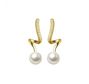 New Elegant Simple 925 Sterling Silver Zircon Gold Plated Big Spiral Pearl Stud Earring For Women Jewelry