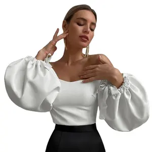 Blusa feminina ombro de fora, camiseta de manga bufante, blusa feminina elegante, verão e outono 2022