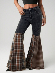 Jeans di Alta Qualità per <span class=keywords><strong>Donna</strong></span>, Produttore di Pantaloni Personalizzati, Jeans a Zampa con Inserti a Quadretti per <span class=keywords><strong>Donna</strong></span> - Product Image 4