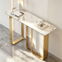 Console étroite minimaliste moderne avec plateau en marbre et base en acier, meuble mural de luxe pour villa, salle à manger, salon, hôtel