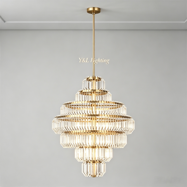 Modern Multi-Tier Brass Chandelier Layered Prism Glass LED Hanging Light Adjustable Pendant Lamp E12 Foyer Staircase Villa Lobby