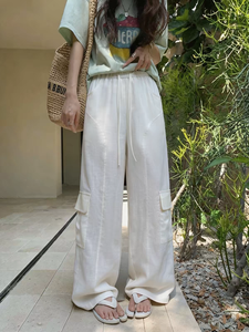 Pantaloni <span class=keywords><strong>Cargo</strong></span> a Gamba Larga in Puro <span class=keywords><strong>Lino</strong></span> 170GSM per Donna, Vita Elastica con Coulisse, Multi Tasche, Casual e Comodi, OEM ODM Personalizzabili - Product Image 3
