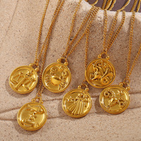 Collier en acier inoxydable pour femmes, pendentif rond en or 18 carats personnalisé à la mode, motifs des douze signes du zodiaque