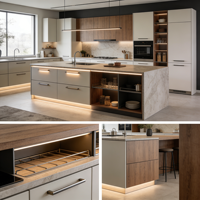 Armoires de cuisine bicolores en bois clair et blanc avec îlot incurvé et éclairage LED sous les armoires