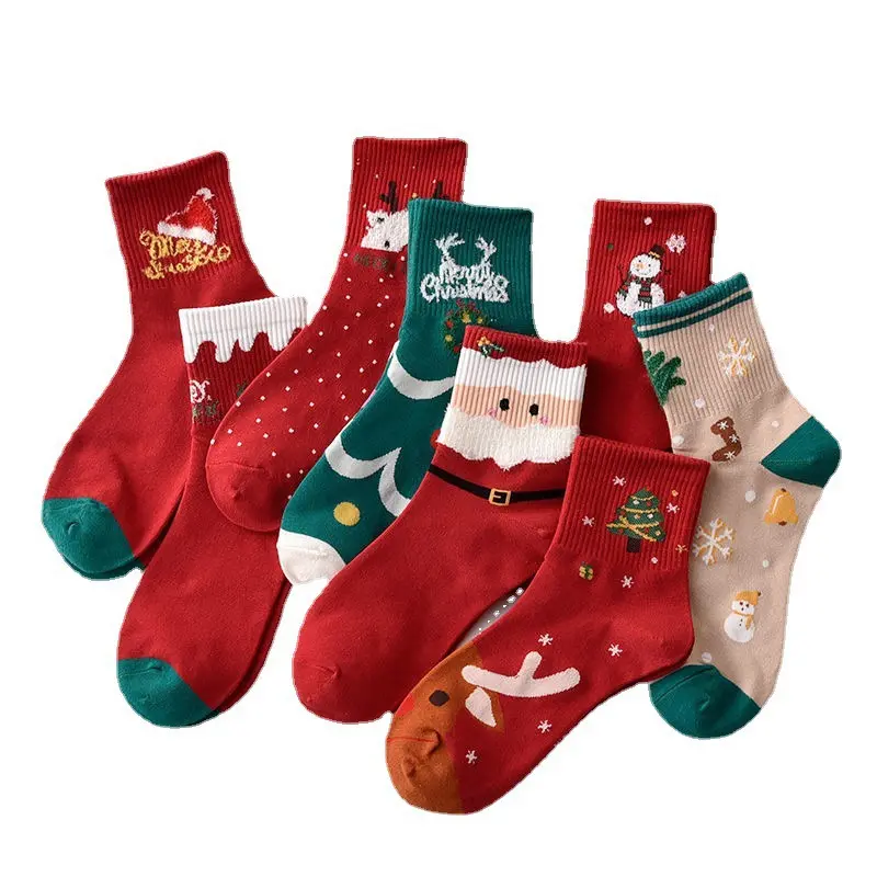 Christmas stockings for adults Breathable cute cartoon Santa Claus snowman mid-tube casual cotton socks