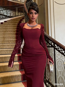 Vestido de Noche Elegante para Mujer, Estilo Nuevo, Formal, Largo hasta el Suelo, de Cachemira con Encaje, Cuello Cuadrado, Color Borgoña, de Secado Rápido - Product Image 6