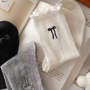 Women Slouch <b>Socks</b> Mid Calf Cotton Breathable Ruffled Trim Embroidered Bow White Black Gray Sweat Absorbing Odor Resistant - Product Image 3
