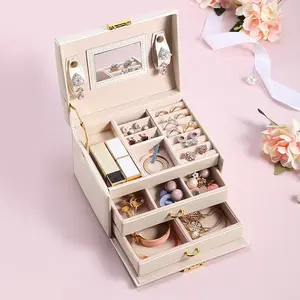Wholesale Luxury Large Jewellery Storage Case Big 3 Layer Drawer Mirror Pu Leather Organizer Suitcase Jewelry Box with Handle