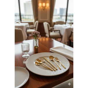 Ensemble de couverts écologiques en acier inoxydable doré sur assiette blanche pour fête dans une cuisine moderne - Product Image 1