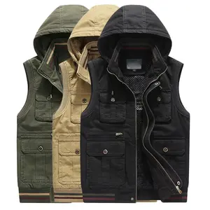 Custom Vest Hooded Fleece Multi Pockets Sleeveless Waistcoat Vest For Men