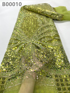 Tela de encaje con cuentas bordadas verdes africanas, tela de encaje de tul con lentejuelas francesas brillantes para vestido de novia - Product Image 4