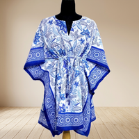 Robe de plage unique Bossanova multi-kaftans à dos ouvert pour femme, grande taille, coupe droite, décontractée, en coton naturel imprimé à la main, courte