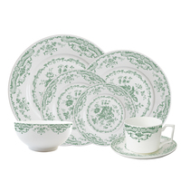 Service de table en céramique vert floral vintage personnalisé, assiettes, bols, tasses à thé et soucoupes en porcelaine fine de diverses formes