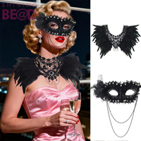 Masque de bal vénitien haut de gamme en perles avec cape en plumes incrustée de strass, accessoires pour Halloween et carnaval