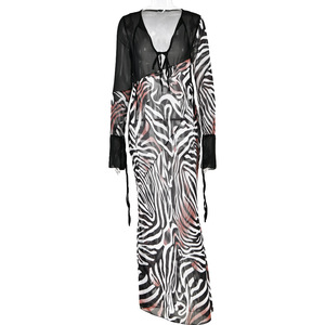 V-neck Long Sleeve Sheer Zebra Print Evening Dress Full Length Slim Fit Fashionable Transparent Dress - Product Image 5