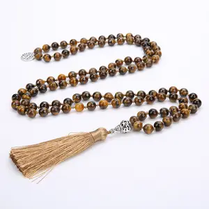 Chapelet Musulman 8MM Tassel Semi Precious Stone Natural Stone Jewelry Tiger Eye Rosary 108 Japamala Prayer Beads Long Necklace