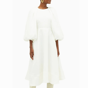 Solido di modo di Cut-out Bianco Balloon-manica Canapa Midi Vestito Delle Donne Delle Signore Vestito Lungo Casuale - Product Image 1