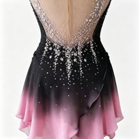 Robe de patinage artistique pour filles, noir, violet, rose ombré, avec strass, manches longues en maille et jupe à volants pour la compétition