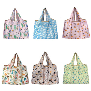 Custom Rpet Cartoon Foldable Superet Grocery Bag Large Reusable Plaid Folding Tote Polyester Shopping Bag With <b>Pouch</b> - Product Image 3