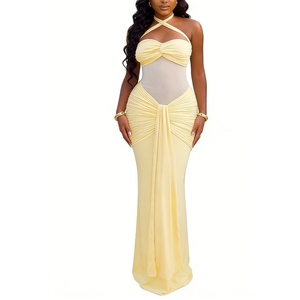 Vestido maxi de noche para mujer con cuello halter, malla calada, fruncido, drapeado y abertura - Moda - Product Image 1