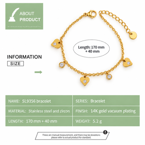 Bracelet en forme de cœur et de zircon, acier inoxydable, plaqué or 14 carats, options de couleur or et argent - Product Image 5
