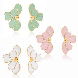 Flower <b>Stud</b> <b>Earrings</b> 18K Gold Plated Stainless Steel White Pink Green Women's Fashion Jewelry - Product Image 5